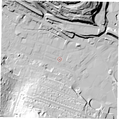 Shaded relief map of the ground around HP112PZ, computed from Environment Agency LiDAR. The ground here sits at about 71 m above sea level and falls 51 m across the surrounding 800 m. Surface water reaching this point runs off ground lying to the north, 39.5 m higher.