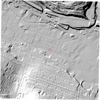 Shaded relief map of the ground around HP112QA, computed from Environment Agency LiDAR. The ground here sits at about 71 m above sea level and falls 48 m across the surrounding 800 m. Surface water reaching this point runs off ground lying to the south-south-west, 44.7 m higher.