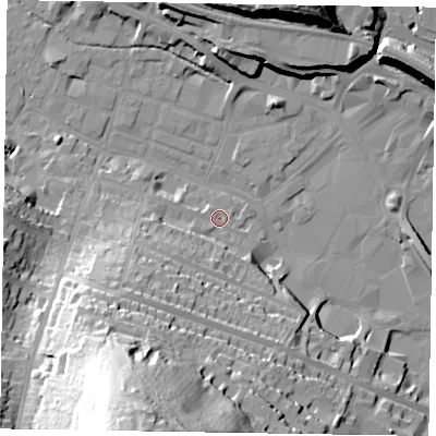 Shaded relief map of the ground around HP112QB, computed from Environment Agency LiDAR. The ground here sits at about 72 m above sea level and falls 62 m across the surrounding 800 m. Surface water reaching this point runs off ground lying to the south-south-west, 52.6 m higher.