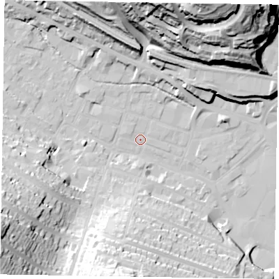 Shaded relief map of the ground around HP112QH, computed from Environment Agency LiDAR. The ground here sits at about 71 m above sea level and falls 56 m across the surrounding 800 m. Surface water reaching this point runs off ground lying to the west-north-west, 1.1 m higher.