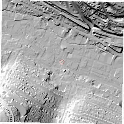 Shaded relief map of the ground around HP112QR, computed from Environment Agency LiDAR. The ground here sits at about 72 m above sea level and falls 62 m across the surrounding 800 m. Surface water reaching this point runs off ground lying to the south-west, 48.1 m higher.