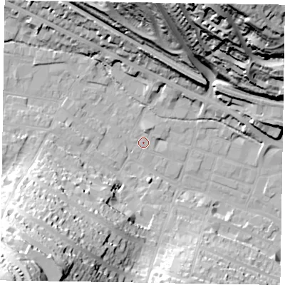 Shaded relief map of the ground around HP112QS, computed from Environment Agency LiDAR. The ground here sits at about 72 m above sea level and falls 65 m across the surrounding 800 m. Surface water reaching this point runs off ground lying to the north, 1.7 m higher.