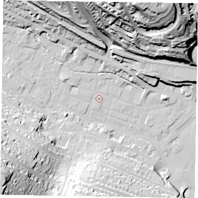 Shaded relief map of the ground around HP112RS, computed from Environment Agency LiDAR. The ground here sits at about 72 m above sea level and falls 63 m across the surrounding 800 m. Surface water reaching this point runs off ground lying to the east-north-east, 0.6 m higher.