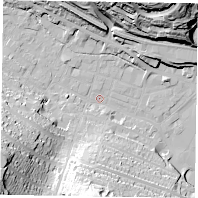 Shaded relief map of the ground around HP112TE, computed from Environment Agency LiDAR. The ground here sits at about 71 m above sea level and falls 53 m across the surrounding 800 m. Surface water reaching this point runs off ground lying to the south-west, 46.9 m higher.