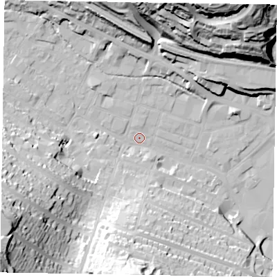 Shaded relief map of the ground around HP112TF, computed from Environment Agency LiDAR. The ground here sits at about 71 m above sea level and falls 53 m across the surrounding 800 m. Surface water reaching this point runs off ground lying to the south-west, 47.7 m higher.