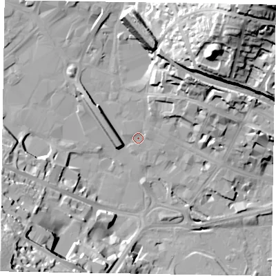 Shaded relief map of the ground around HP112XL, computed from Environment Agency LiDAR. The ground here sits at about 69 m above sea level and falls 57 m across the surrounding 800 m. Surface water reaching this point runs off ground lying to the north-north-east, 4.4 m higher.