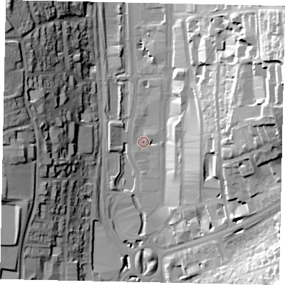 Shaded relief map of the ground around HP11BS, computed from Environment Agency LiDAR. The ground here sits at about 82 m above sea level and falls 43 m across the surrounding 800 m. Surface water reaching this point runs off ground lying to the north-north-east, 2.6 m higher.