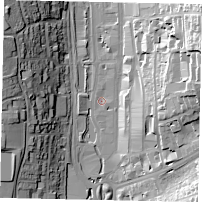 Shaded relief map of the ground around HP11BZ, computed from Environment Agency LiDAR. The ground here sits at about 82 m above sea level and falls 43 m across the surrounding 800 m. Surface water reaching this point runs off ground lying to the north-north-east, 2.6 m higher.