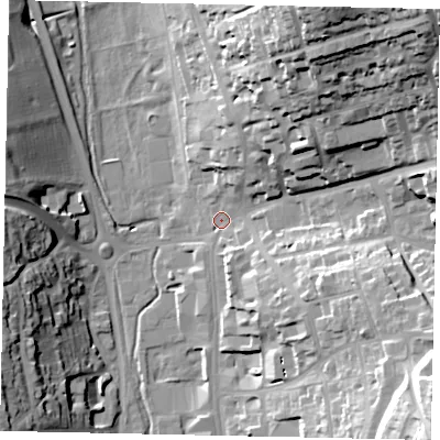Shaded relief map of the ground around HP11LS, computed from Environment Agency LiDAR. The ground here sits at about 88 m above sea level and falls 47 m across the surrounding 800 m. Surface water reaching this point runs off ground lying to the north-east, 42.5 m higher.