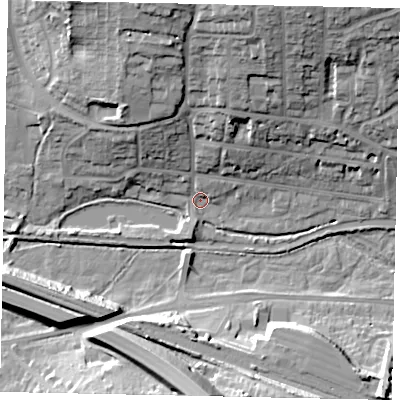 Shaded relief map of the ground around HP11NA, computed from Environment Agency LiDAR. The ground here sits at about 84 m above sea level and falls 26 m across the surrounding 800 m. Surface water reaching this point runs off ground lying to the north-north-east, 23.9 m higher.