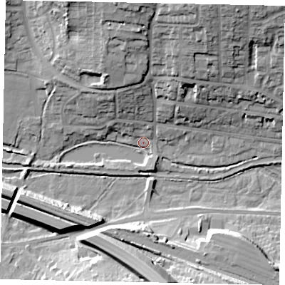 Shaded relief map of the ground around HP11NE, computed from Environment Agency LiDAR. The ground here sits at about 84 m above sea level and falls 26 m across the surrounding 800 m. Surface water reaching this point runs off ground lying to the north, 19.3 m higher.