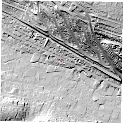 Shaded relief map of the ground around HP123AB, computed from Environment Agency LiDAR. The ground here sits at about 78 m above sea level and falls 83 m across the surrounding 800 m. Surface water reaching this point runs off ground lying to the north-north-west, 12.3 m higher.