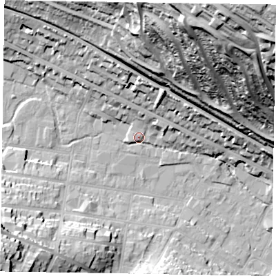 Shaded relief map of the ground around HP123AH, computed from Environment Agency LiDAR. The ground here sits at about 76 m above sea level and falls 83 m across the surrounding 800 m. Surface water reaching this point runs off ground lying to the north, 50.4 m higher.