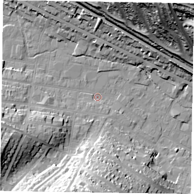 Shaded relief map of the ground around HP123AX, computed from Environment Agency LiDAR. The ground here sits at about 74 m above sea level and falls 68 m across the surrounding 800 m. Surface water reaching this point runs off ground lying to the west-south-west, 31.4 m higher.