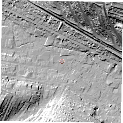 Shaded relief map of the ground around HP123AZ, computed from Environment Agency LiDAR. The ground here sits at about 74 m above sea level and falls 77 m across the surrounding 800 m. Surface water reaching this point runs off ground lying to the west, 1.1 m higher.