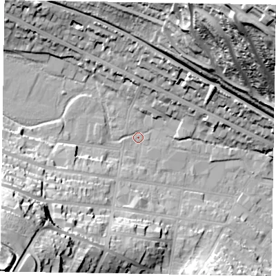 Shaded relief map of the ground around HP123BA, computed from Environment Agency LiDAR. The ground here sits at about 75 m above sea level and falls 77 m across the surrounding 800 m. Surface water reaching this point runs off ground lying to the south-west, 46.2 m higher.