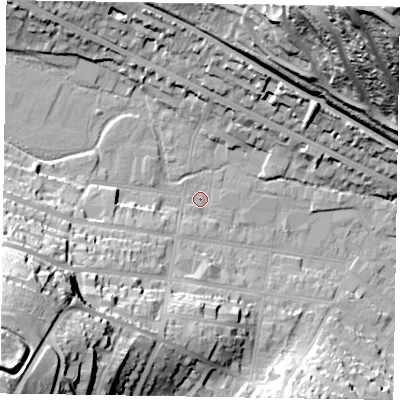 Shaded relief map of the ground around HP123BG, computed from Environment Agency LiDAR. The ground here sits at about 75 m above sea level and falls 72 m across the surrounding 800 m. Surface water reaching this point runs off ground lying to the west-south-west, 46.2 m higher.