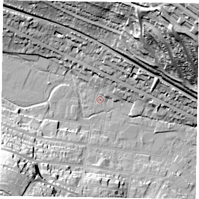 Shaded relief map of the ground around HP123BQ, computed from Environment Agency LiDAR. The ground here sits at about 75 m above sea level and falls 82 m across the surrounding 800 m. Surface water reaching this point runs off ground lying to the north-north-east, 14.7 m higher.