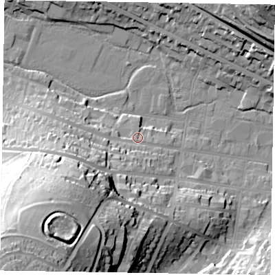 Shaded relief map of the ground around HP123BW, computed from Environment Agency LiDAR. The ground here sits at about 81 m above sea level and falls 66 m across the surrounding 800 m. Surface water reaching this point runs off ground lying to the south-west, 39.8 m higher.