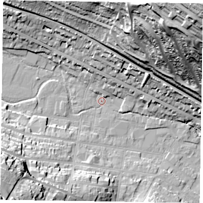 Shaded relief map of the ground around HP123BX, computed from Environment Agency LiDAR. The ground here sits at about 75 m above sea level and falls 82 m across the surrounding 800 m. Surface water reaching this point runs off ground lying to the south-west, 44.8 m higher.