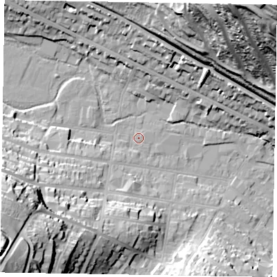 Shaded relief map of the ground around HP123DJ, computed from Environment Agency LiDAR. The ground here sits at about 75 m above sea level and falls 72 m across the surrounding 800 m. Surface water reaching this point runs off ground lying to the west-south-west, 45.4 m higher.