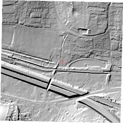 Shaded relief map of the ground around HP12BN, computed from Environment Agency LiDAR. The ground here sits at about 85 m above sea level and falls 32 m across the surrounding 800 m. Surface water reaching this point runs off ground lying to the north-north-east, 9.9 m higher.