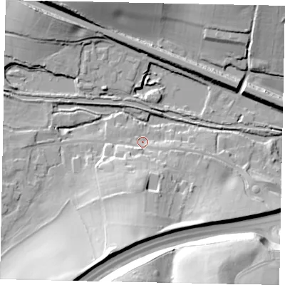 Shaded relief map of the ground around HP12RJ, computed from Environment Agency LiDAR. The ground here sits at about 91 m above sea level and falls 41 m across the surrounding 800 m. Surface water reaching this point runs off ground lying to the south, 14.8 m higher.