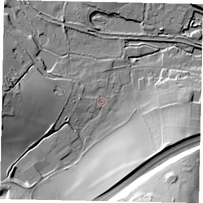 Shaded relief map of the ground around HP12RL, computed from Environment Agency LiDAR. The ground here sits at about 92 m above sea level and falls 51 m across the surrounding 800 m. Surface water reaching this point runs off ground lying to the west, 4.4 m higher.