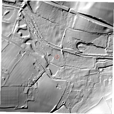 Shaded relief map of the ground around HP12RX, computed from Environment Agency LiDAR. The ground here sits at about 92 m above sea level and falls 36 m across the surrounding 800 m. Surface water reaching this point runs off ground lying to the north-east, 25.8 m higher.