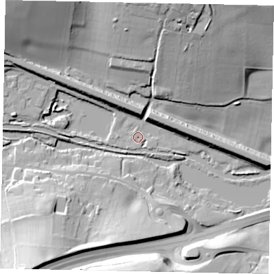 Shaded relief map of the ground around HP12RZ, computed from Environment Agency LiDAR. The ground here sits at about 89 m above sea level and falls 35 m across the surrounding 800 m. Surface water reaching this point runs off ground lying to the west-north-west, 11.5 m higher.