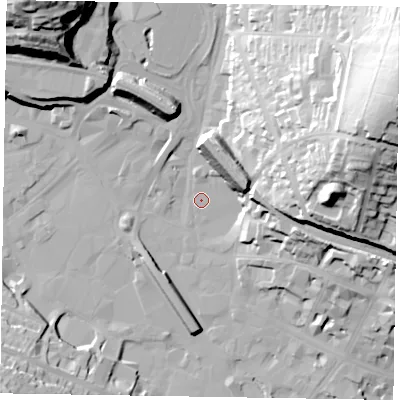Shaded relief map of the ground around HP135DG, computed from Environment Agency LiDAR. The ground here sits at about 70 m above sea level and falls 56 m across the surrounding 800 m. Surface water reaching this point runs off ground lying to the north, 1.5 m higher.
