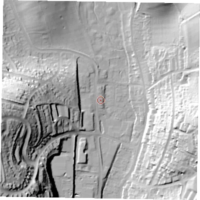 Shaded relief map of the ground around HP135DJ, computed from Environment Agency LiDAR. The ground here sits at about 79 m above sea level and falls 60 m across the surrounding 800 m. Surface water reaching this point runs off ground lying to the west, 53.2 m higher.