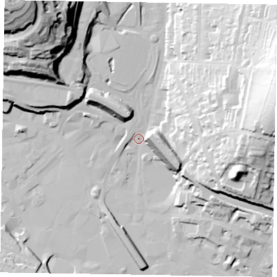 Shaded relief map of the ground around HP135DL, computed from Environment Agency LiDAR. The ground here sits at about 71 m above sea level and falls 61 m across the surrounding 800 m. Surface water reaching this point runs off ground lying to the east-north-east, 48.0 m higher.
