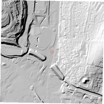 Shaded relief map of the ground around HP135DN, computed from Environment Agency LiDAR. The ground here sits at about 71 m above sea level and falls 61 m across the surrounding 800 m. Surface water reaching this point runs off ground lying to the north-west, 57.6 m higher.
