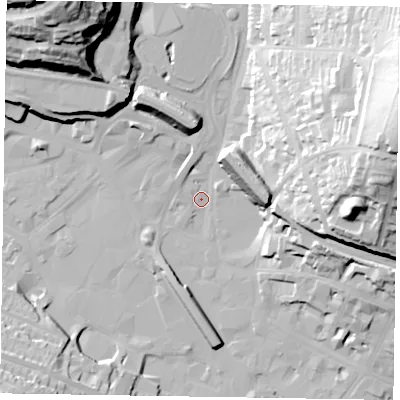Shaded relief map of the ground around HP135DQ, computed from Environment Agency LiDAR. The ground here sits at about 70 m above sea level and falls 51 m across the surrounding 800 m. Surface water reaching this point runs off ground lying to the east-north-east, 46.2 m higher.
