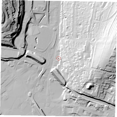 Shaded relief map of the ground around HP135DR, computed from Environment Agency LiDAR. The ground here sits at about 72 m above sea level and falls 60 m across the surrounding 800 m. Surface water reaching this point runs off ground lying to the east, 53.9 m higher.