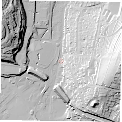Shaded relief map of the ground around HP135DS, computed from Environment Agency LiDAR. The ground here sits at about 72 m above sea level and falls 60 m across the surrounding 800 m. Surface water reaching this point runs off ground lying to the east, 57.5 m higher.