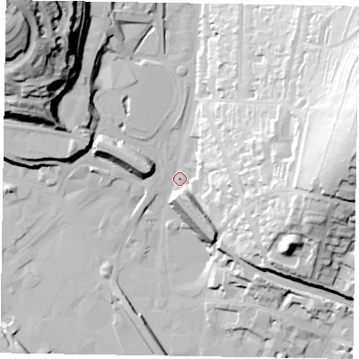 Shaded relief map of the ground around HP135DY, computed from Environment Agency LiDAR. The ground here sits at about 71 m above sea level and falls 60 m across the surrounding 800 m. Surface water reaching this point runs off ground lying to the east-north-east, 53.0 m higher.
