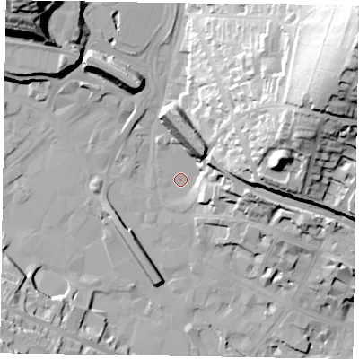 Shaded relief map of the ground around HP135ES, computed from Environment Agency LiDAR. The ground here sits at about 70 m above sea level and falls 64 m across the surrounding 800 m. Surface water reaching this point runs off ground lying to the east-north-east, 39.1 m higher.