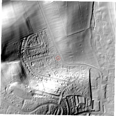 Shaded relief map of the ground around HP135ET, computed from Environment Agency LiDAR. The ground here sits at about 85 m above sea level and falls 79 m across the surrounding 800 m. Surface water reaching this point runs off ground lying to the south-west, 69.1 m higher.