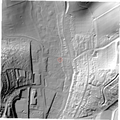 Shaded relief map of the ground around HP135EY, computed from Environment Agency LiDAR. The ground here sits at about 77 m above sea level and falls 56 m across the surrounding 800 m. Surface water reaching this point runs off ground lying to the east-north-east, 9.7 m higher.