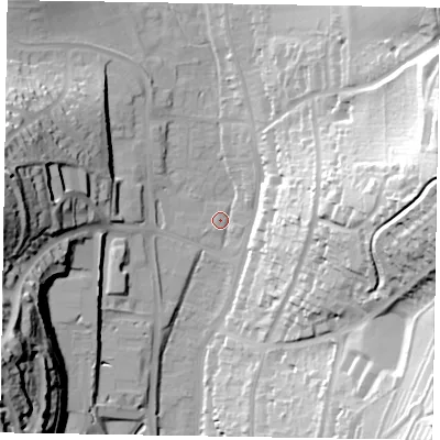 Shaded relief map of the ground around HP135FQ, computed from Environment Agency LiDAR. The ground here sits at about 76 m above sea level and falls 59 m across the surrounding 800 m. Surface water reaching this point runs off ground lying to the east-north-east, 55.5 m higher.