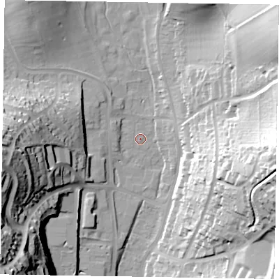 Shaded relief map of the ground around HP135HD, computed from Environment Agency LiDAR. The ground here sits at about 77 m above sea level and falls 52 m across the surrounding 800 m. Surface water reaching this point runs off ground lying to the west, 43.3 m higher.