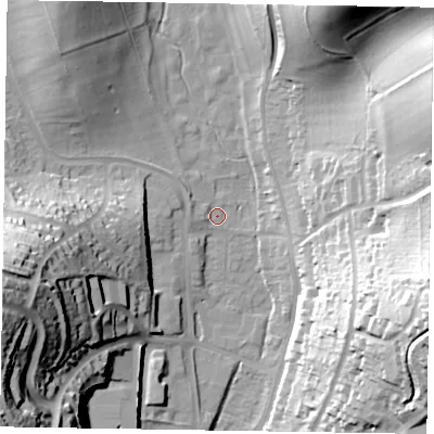 Shaded relief map of the ground around HP135HE, computed from Environment Agency LiDAR. The ground here sits at about 77 m above sea level and falls 54 m across the surrounding 800 m. Surface water reaching this point runs off ground lying to the west, 2.6 m higher.