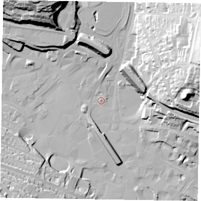 Shaded relief map of the ground around HP135HH, computed from Environment Agency LiDAR. The ground here sits at about 70 m above sea level and falls 45 m across the surrounding 800 m. Surface water reaching this point runs off ground lying to the north-north-west, 40.6 m higher.