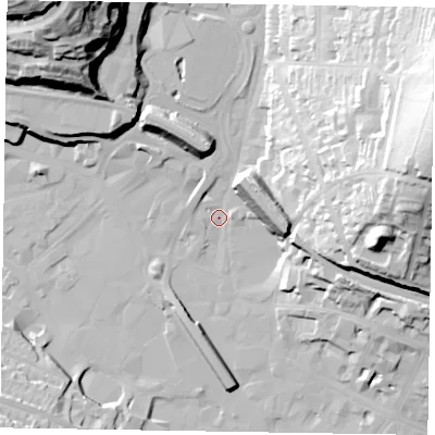 Shaded relief map of the ground around HP135HL, computed from Environment Agency LiDAR. The ground here sits at about 70 m above sea level and falls 55 m across the surrounding 800 m. Surface water reaching this point runs off ground lying to the east-north-east, 47.3 m higher.