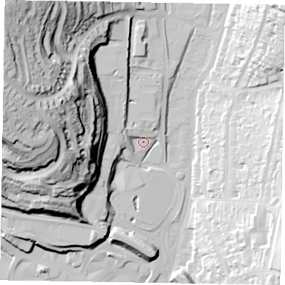 Shaded relief map of the ground around HP135HP, computed from Environment Agency LiDAR. The ground here sits at about 75 m above sea level and falls 70 m across the surrounding 800 m. Surface water reaching this point runs off ground lying to the west-north-west, 53.1 m higher.