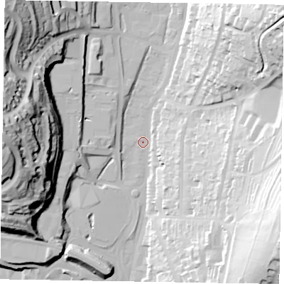 Shaded relief map of the ground around HP135HS, computed from Environment Agency LiDAR. The ground here sits at about 74 m above sea level and falls 57 m across the surrounding 800 m. Surface water reaching this point runs off ground lying to the north-east, 51.6 m higher.