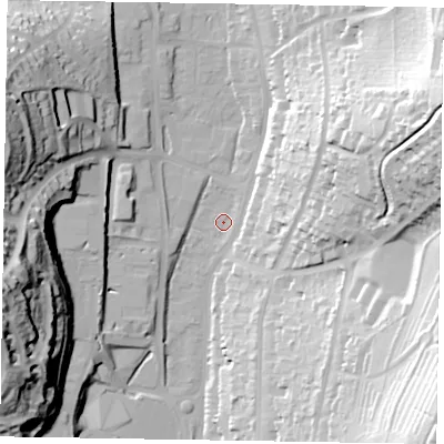 Shaded relief map of the ground around HP135HT, computed from Environment Agency LiDAR. The ground here sits at about 75 m above sea level and falls 61 m across the surrounding 800 m. Surface water reaching this point runs off ground lying to the north-east, 1.9 m higher.