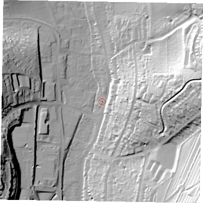 Shaded relief map of the ground around HP135PN, computed from Environment Agency LiDAR. The ground here sits at about 77 m above sea level and falls 67 m across the surrounding 800 m. Surface water reaching this point runs off ground lying to the east-north-east, 60.0 m higher.